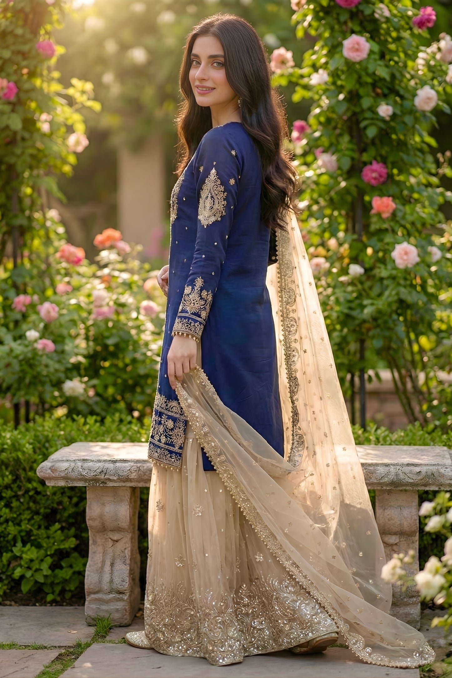 Elegant Navy Blue Embroidered Silk Readymade Salwar Suit with Net Dupatta