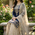 Elegant Navy Blue Embroidered Silk Readymade Salwar Suit with Net Dupatta