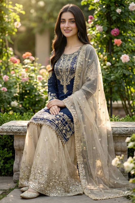 Elegant Navy Blue Embroidered Silk Readymade Salwar Suit with Net Dupatta