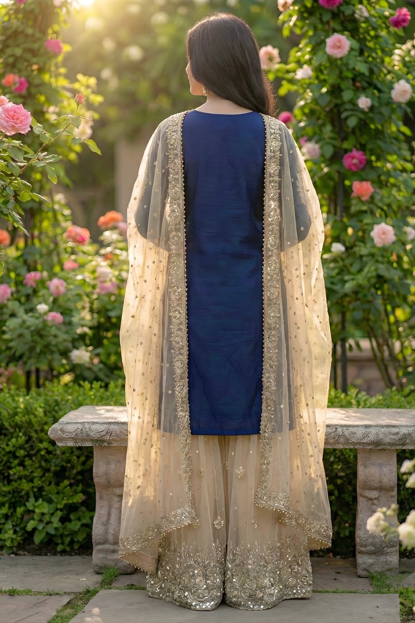 Elegant Navy Blue Embroidered Silk Readymade Salwar Suit with Net Dupatta