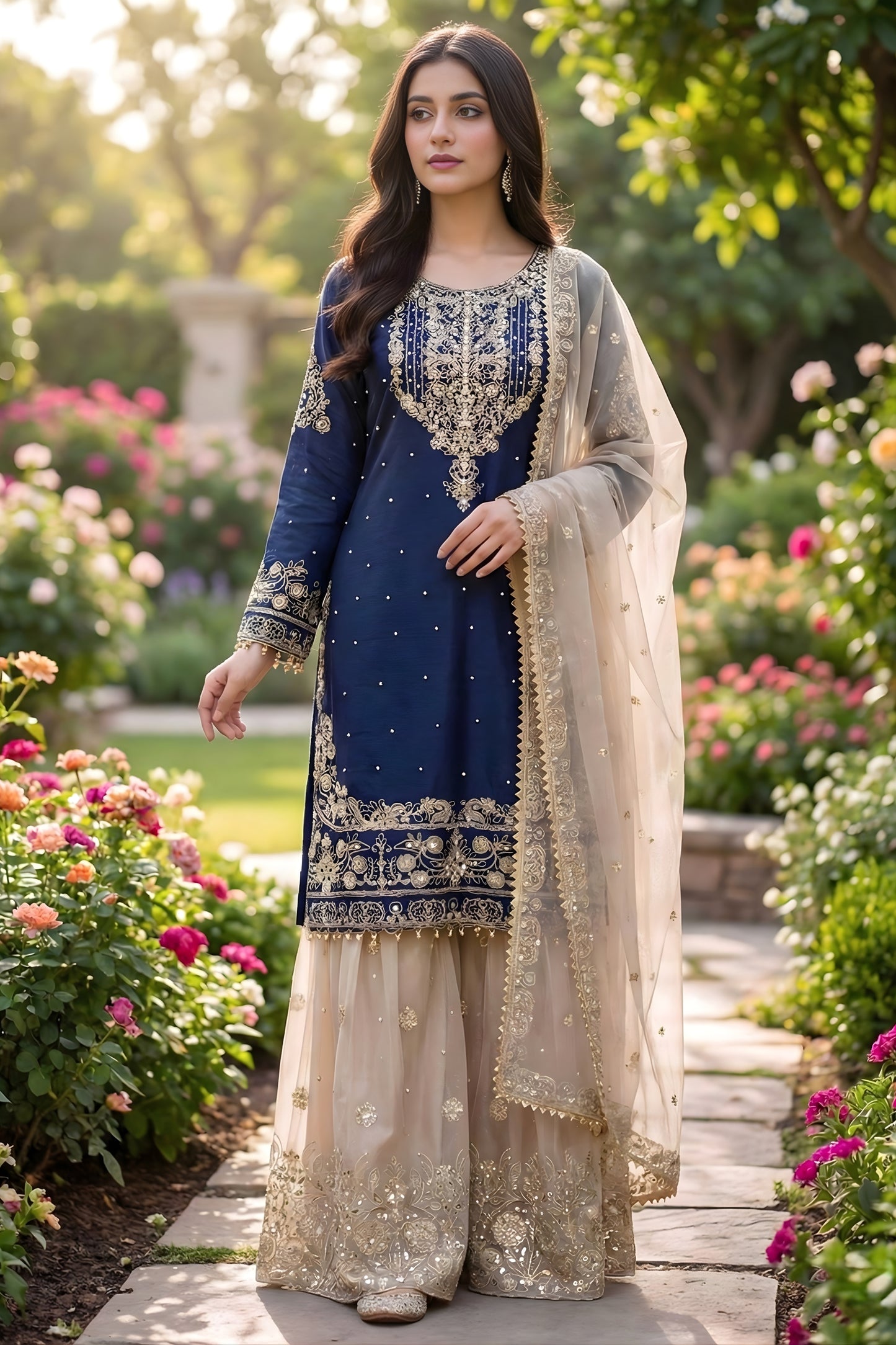 Elegant Navy Blue Embroidered Silk Readymade Salwar Suit with Net Dupatta
