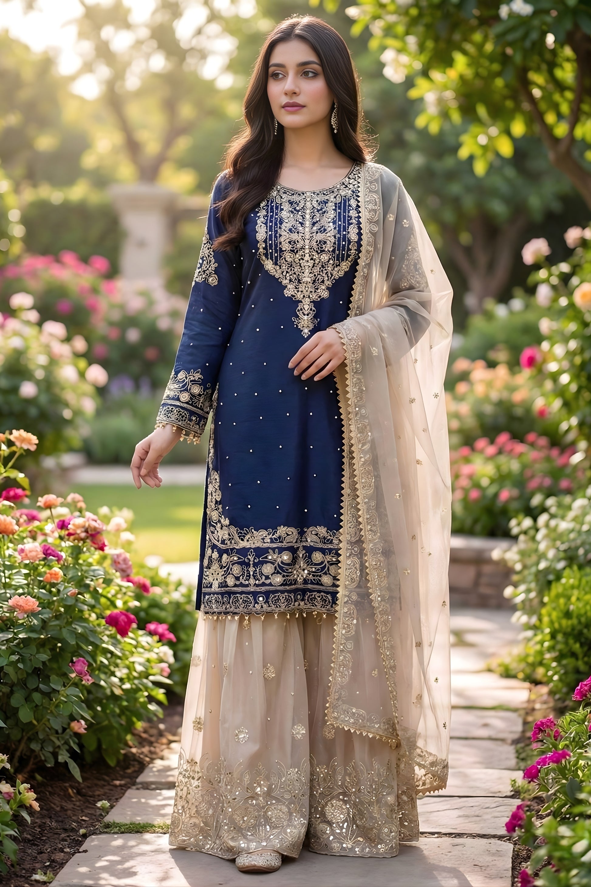 Elegant Navy Blue Embroidered Silk Readymade Salwar Suit with Net Dupatta