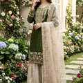 Stylish Dark Green Embroidered Silk Readymade Salwar Suit with Net Dupatta