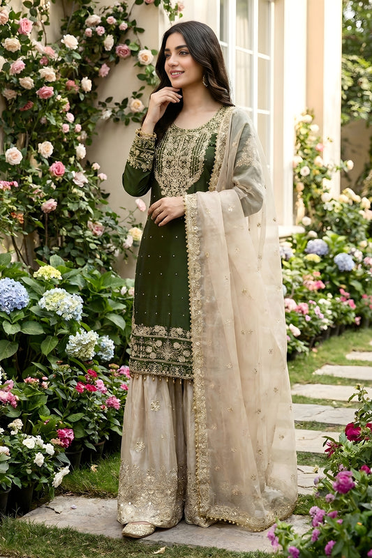 Stylish Dark Green Embroidered Silk Readymade Salwar Suit with Net Dupatta
