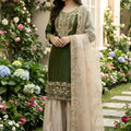 Stylish Dark Green Embroidered Silk Readymade Salwar Suit with Net Dupatta