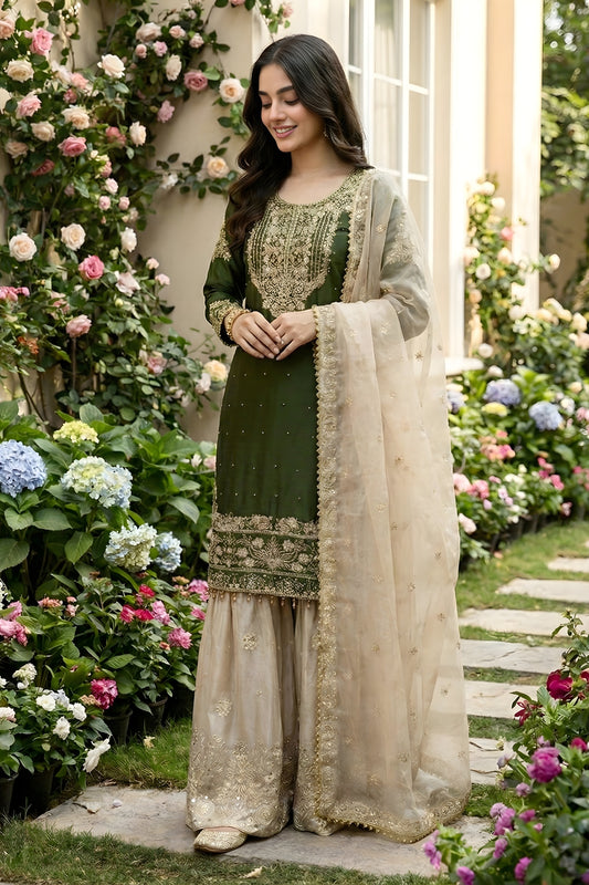 Stylish Dark Green Embroidered Silk Readymade Salwar Suit with Net Dupatta
