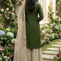 Stylish Dark Green Embroidered Silk Readymade Salwar Suit with Net Dupatta