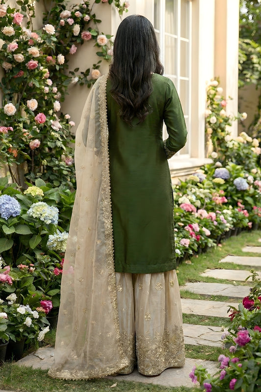 Stylish Dark Green Embroidered Silk Readymade Salwar Suit with Net Dupatta