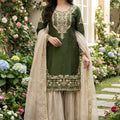 Stylish Dark Green Embroidered Silk Readymade Salwar Suit with Net Dupatta
