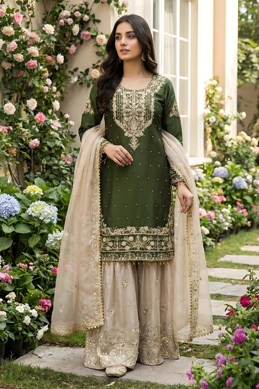 Stylish Dark Green Embroidered Silk Readymade Salwar Suit with Net Dupatta