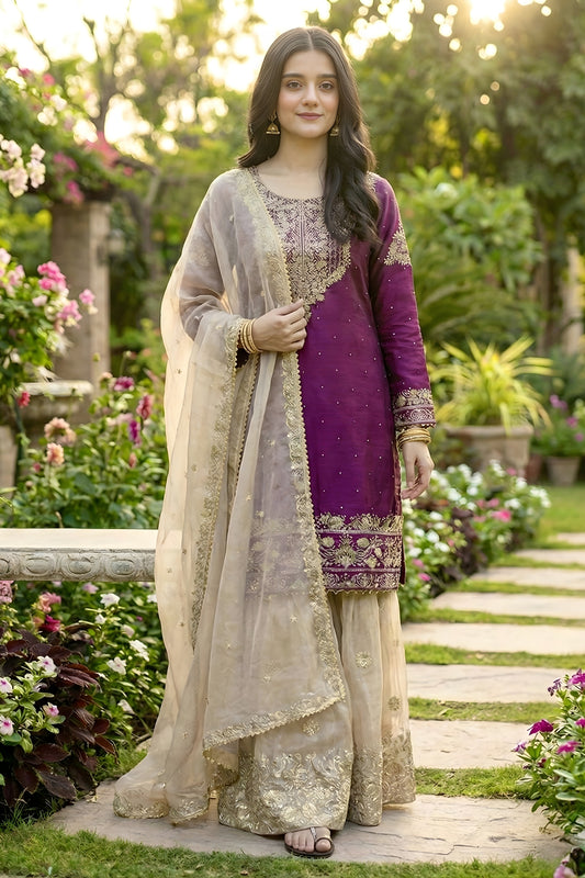 Trendy Wine Embroidered Silk Readymade Salwar Suit with Net Dupatta