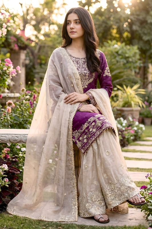 Trendy Wine Embroidered Silk Readymade Salwar Suit with Net Dupatta