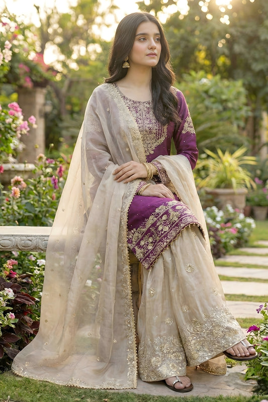 Trendy Wine Embroidered Silk Readymade Salwar Suit with Net Dupatta