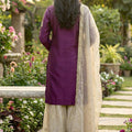 Trendy Wine Embroidered Silk Readymade Salwar Suit with Net Dupatta