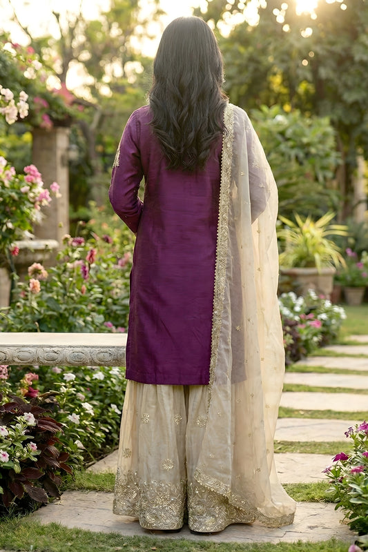 Trendy Wine Embroidered Silk Readymade Salwar Suit with Net Dupatta