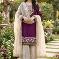 Trendy Wine Embroidered Silk Readymade Salwar Suit with Net Dupatta