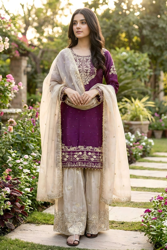 Trendy Wine Embroidered Silk Readymade Salwar Suit with Net Dupatta