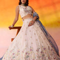 Elegant Beige Floral Embroidered Tissue Lehenga Choli with Blue Dupatta for Wedding