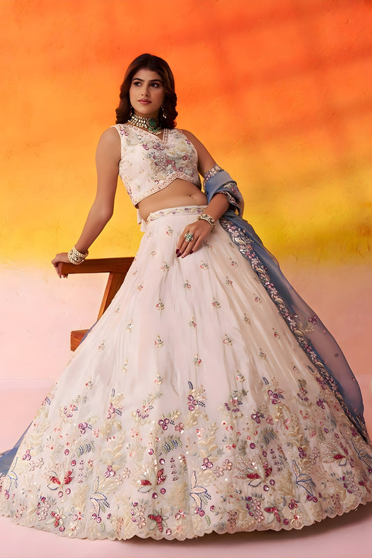 Elegant Beige Floral Embroidered Tissue Lehenga Choli with Blue Dupatta for Wedding