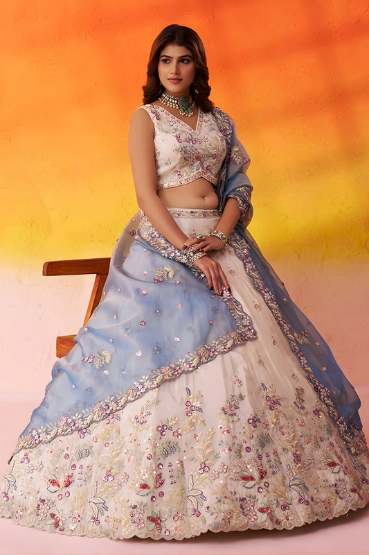 Elegant Beige Floral Embroidered Tissue Lehenga Choli with Blue Dupatta for Wedding