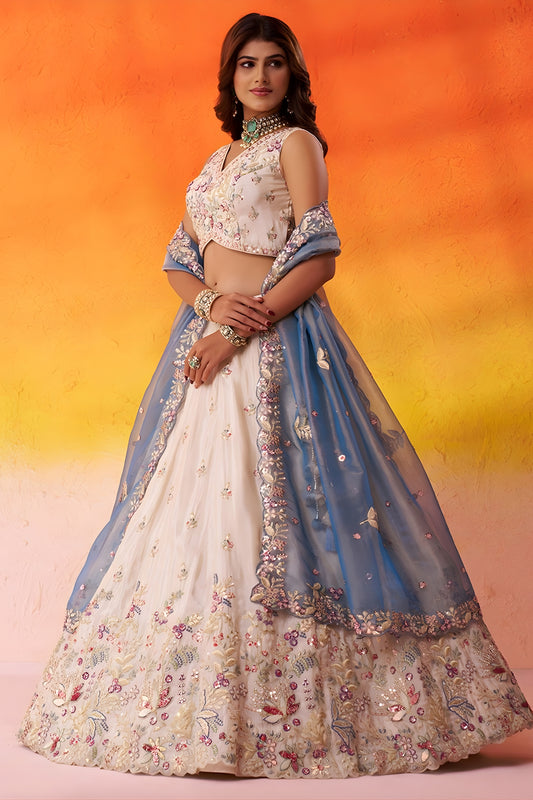 Elegant Beige Floral Embroidered Tissue Lehenga Choli with Blue Dupatta for Wedding