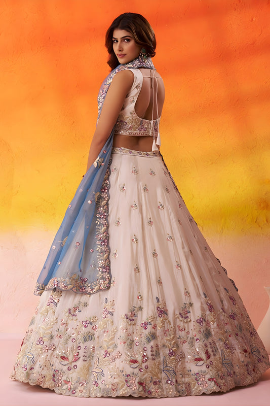 Elegant Beige Floral Embroidered Tissue Lehenga Choli with Blue Dupatta for Wedding