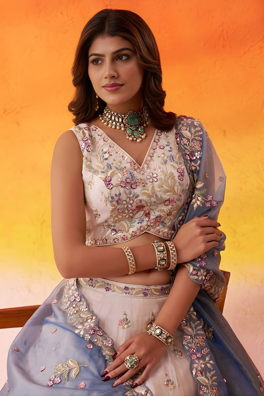 Elegant Beige Floral Embroidered Tissue Lehenga Choli with Blue Dupatta for Wedding