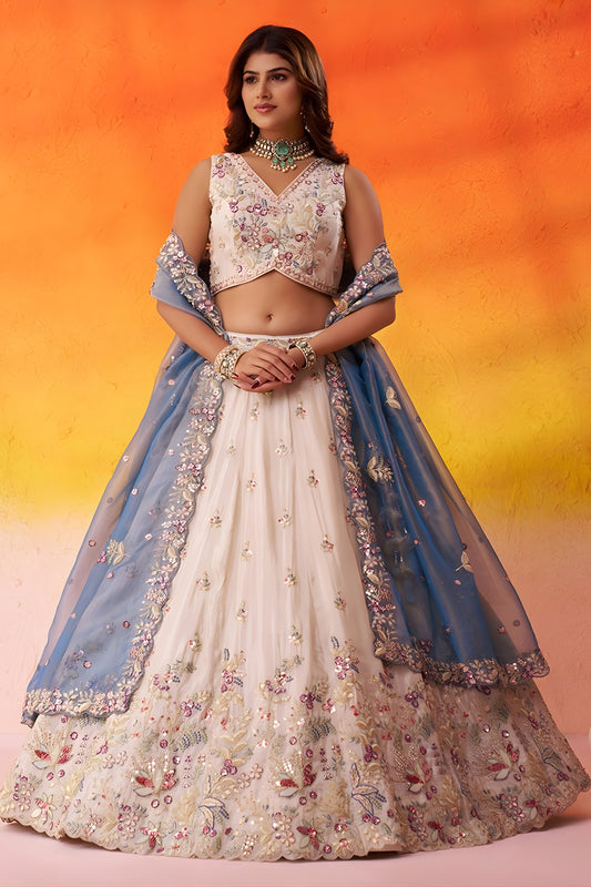 Elegant Beige Floral Embroidered Tissue Lehenga Choli with Blue Dupatta for Wedding