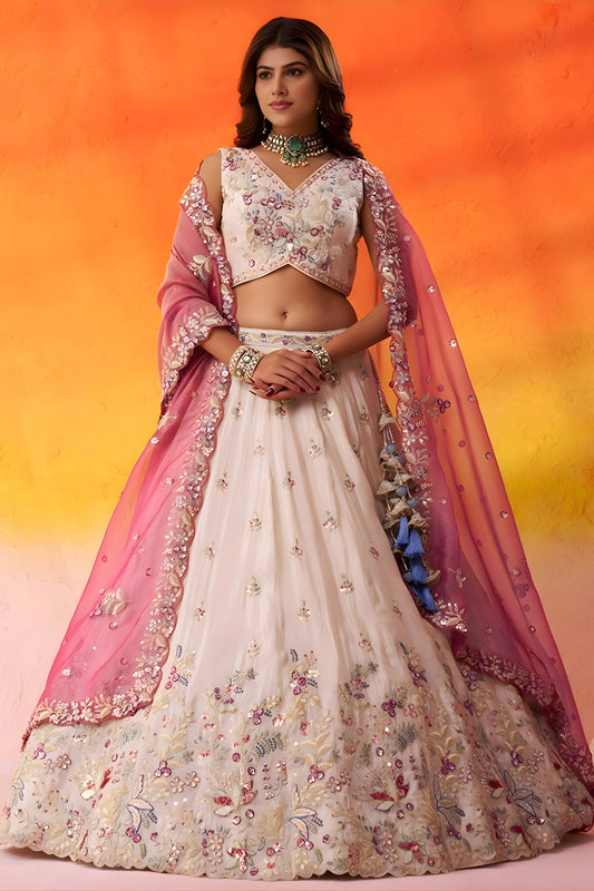 Royal Beige Floral Embroidered Tissue Lehenga Choli with Pink Dupatta for Wedding