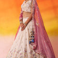Royal Beige Floral Embroidered Tissue Lehenga Choli with Pink Dupatta for Wedding