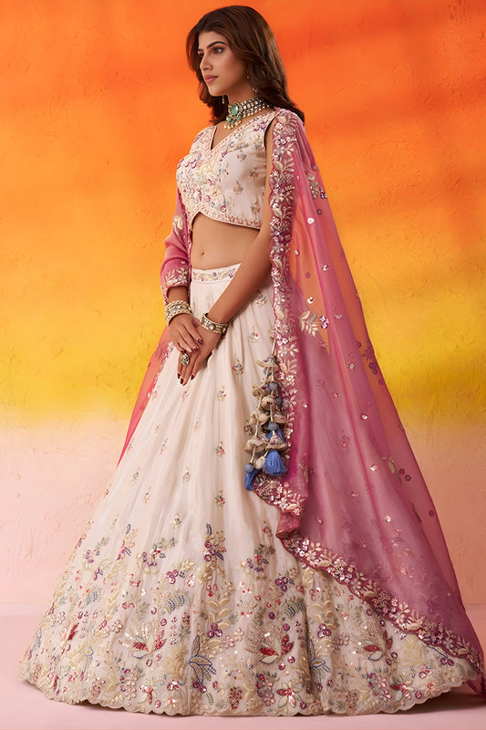 Royal Beige Floral Embroidered Tissue Lehenga Choli with Pink Dupatta for Wedding