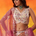 Royal Beige Floral Embroidered Tissue Lehenga Choli with Pink Dupatta for Wedding