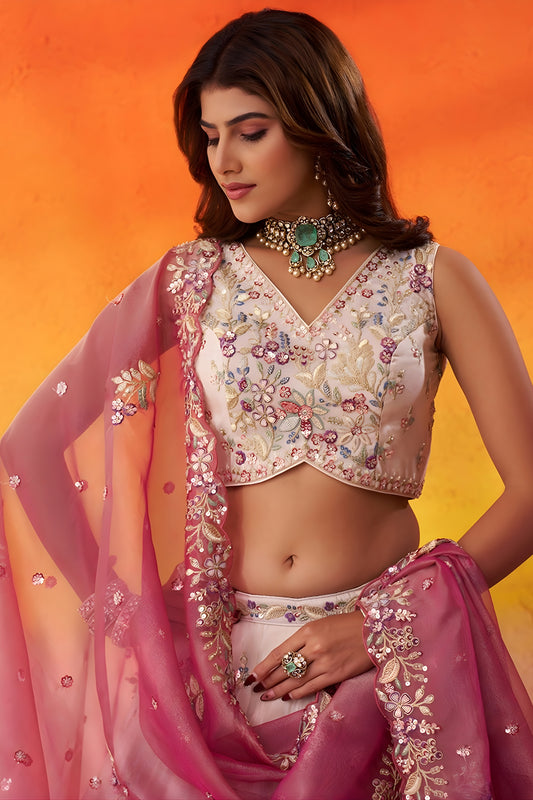 Royal Beige Floral Embroidered Tissue Lehenga Choli with Pink Dupatta for Wedding