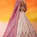 Royal Beige Floral Embroidered Tissue Lehenga Choli with Pink Dupatta for Wedding