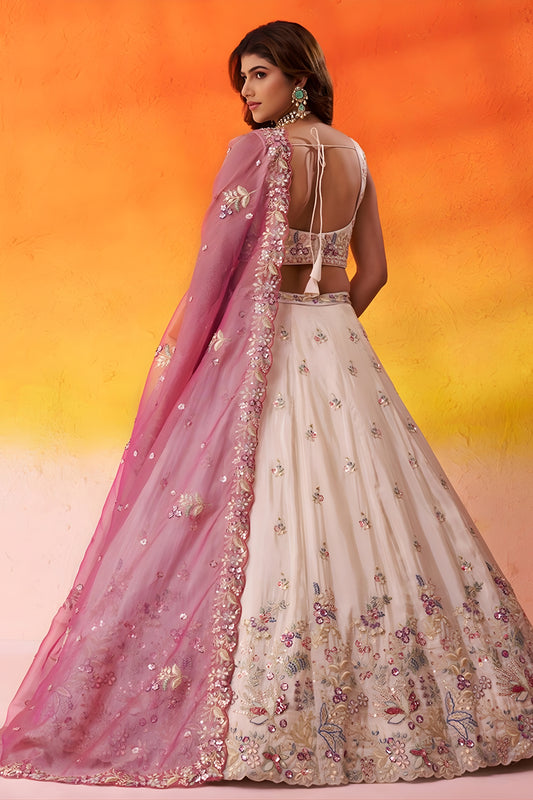 Royal Beige Floral Embroidered Tissue Lehenga Choli with Pink Dupatta for Wedding