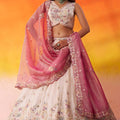 Royal Beige Floral Embroidered Tissue Lehenga Choli with Pink Dupatta for Wedding