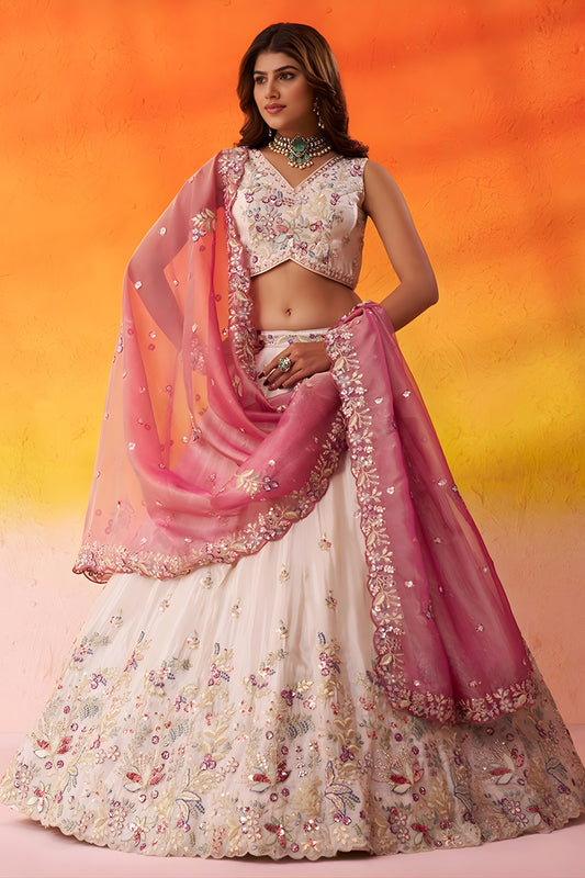 Royal Beige Floral Embroidered Tissue Lehenga Choli with Pink Dupatta for Wedding