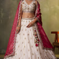 Stunning Beige Embroidered Tissue Lehenga Choli with Maroon Dupatta for Wedding