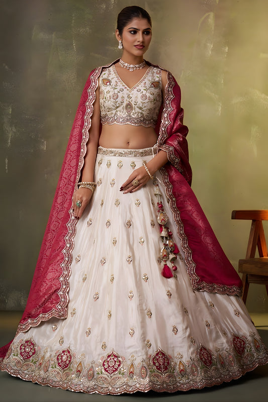 Stunning Beige Embroidered Tissue Lehenga Choli with Maroon Dupatta for Wedding