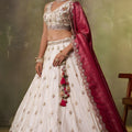 Stunning Beige Embroidered Tissue Lehenga Choli with Maroon Dupatta for Wedding
