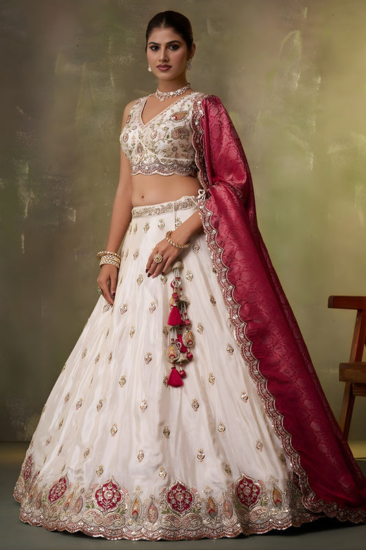 Stunning Beige Embroidered Tissue Lehenga Choli with Maroon Dupatta for Wedding