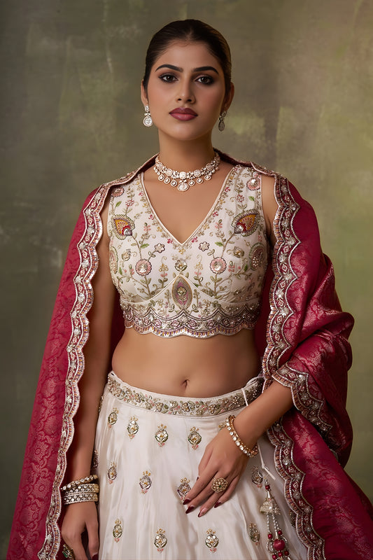 Stunning Beige Embroidered Tissue Lehenga Choli with Maroon Dupatta for Wedding