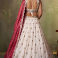 Stunning Beige Embroidered Tissue Lehenga Choli with Maroon Dupatta for Wedding
