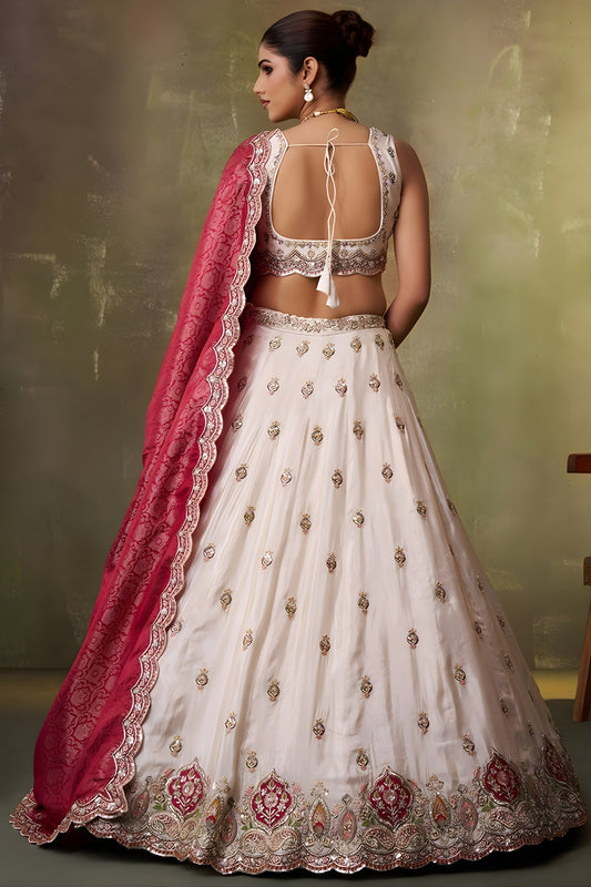 Stunning Beige Embroidered Tissue Lehenga Choli with Maroon Dupatta for Wedding