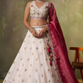 Stunning Beige Embroidered Tissue Lehenga Choli with Maroon Dupatta for Wedding