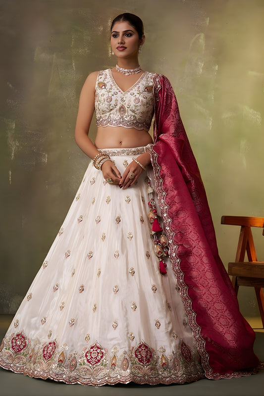 Stunning Beige Embroidered Tissue Lehenga Choli with Maroon Dupatta for Wedding