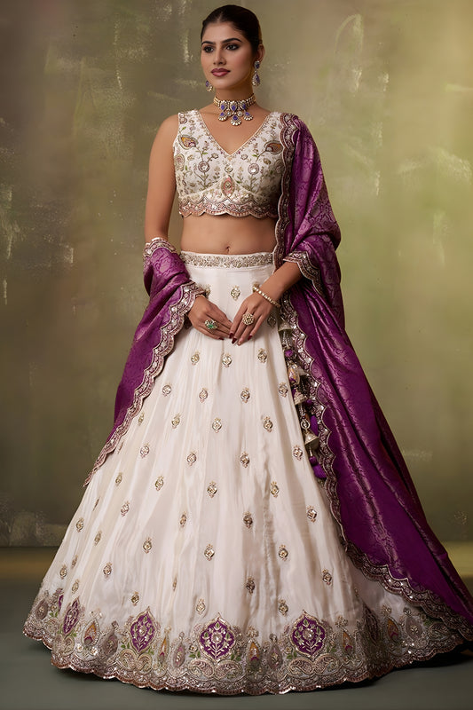 Stylish Beige Embroidered Tissue Lehenga Choli with Purple Dupatta for Wedding
