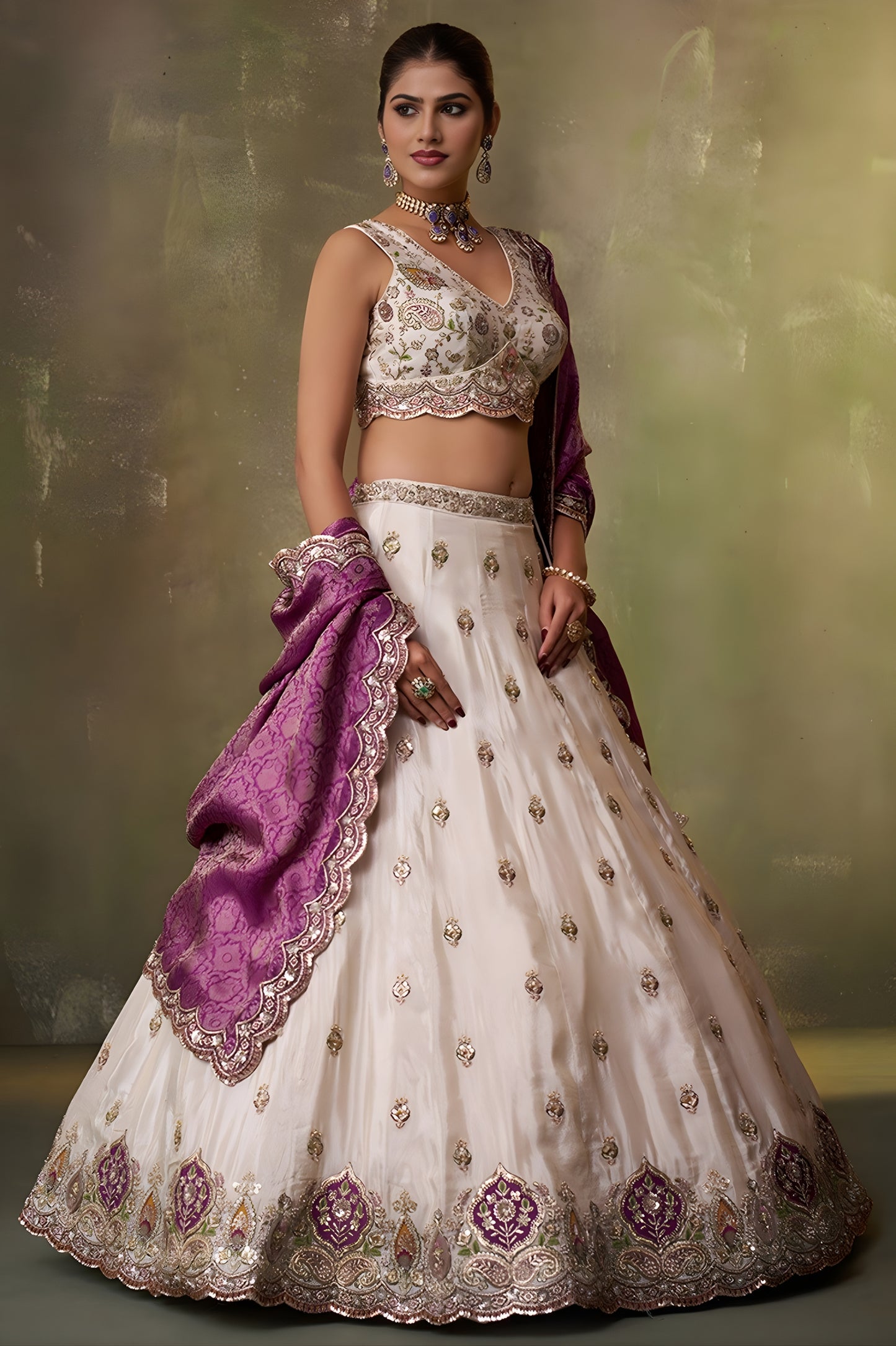 Stylish Beige Embroidered Tissue Lehenga Choli with Purple Dupatta for Wedding