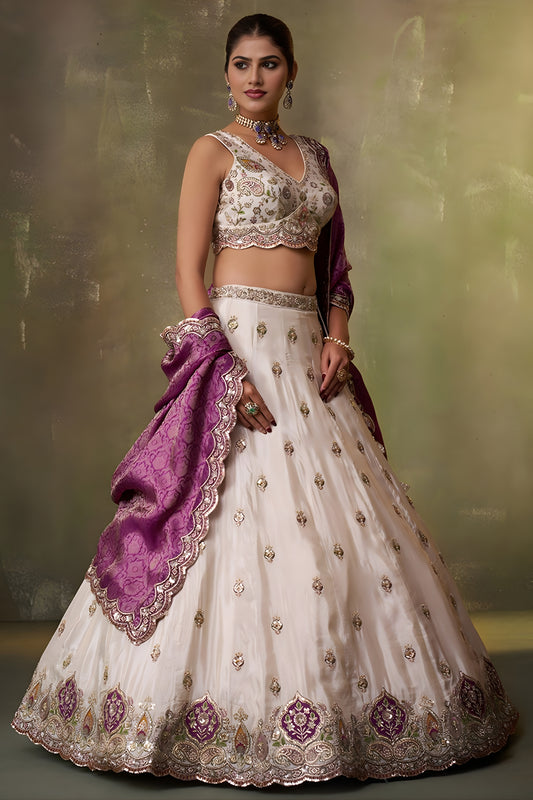 Stylish Beige Embroidered Tissue Lehenga Choli with Purple Dupatta for Wedding