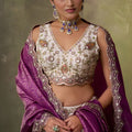 Stylish Beige Embroidered Tissue Lehenga Choli with Purple Dupatta for Wedding